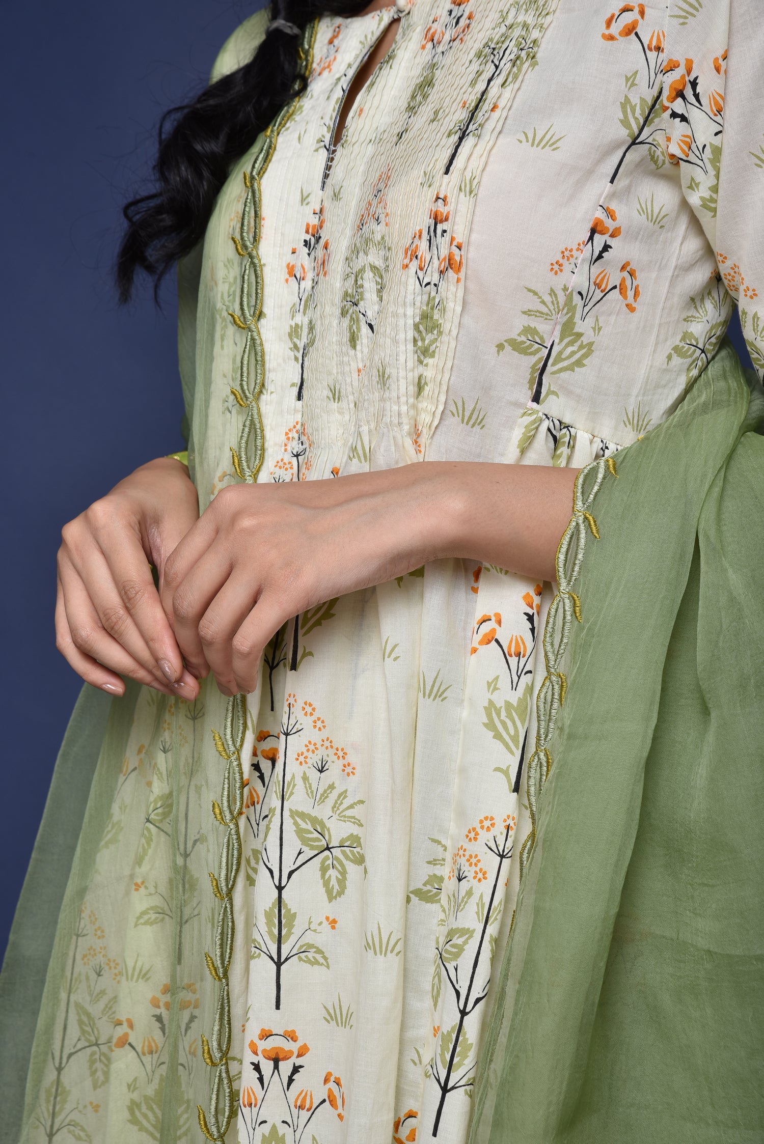 Cream Mehendi Green Banjara Anarkali Kurta (1265435050031)